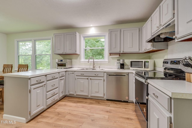 380 Lovelace Loop, Mountain View Loop, Fall Branch, TN 37656 - kitchen featuring appliances with stainless steel finishes, under cabinet range hood, a peninsula, light countertops, and light wood finished floors