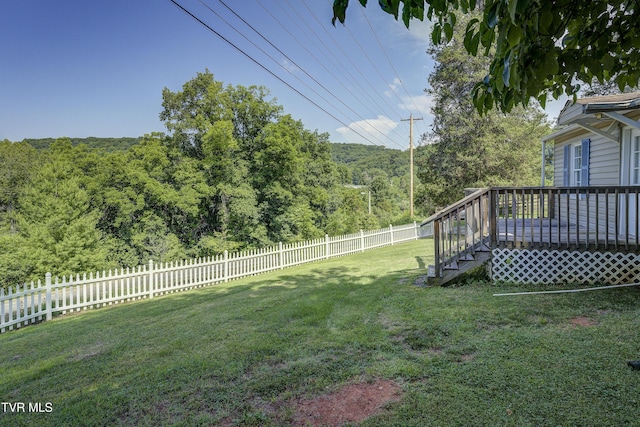 1277 Cooks Valley Rd, Kingsport, TN 37664 - fenced backyard featuring a wooden deck, a wooded view, and stairs