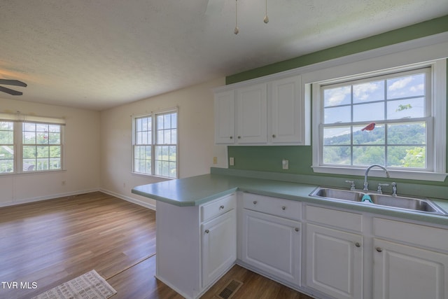 124 Maple Crest Cir, Surgoinsville, TN 37873 - kitchen featuring a peninsula, a textured ceiling, white cabinets, wood finished floors, and ceiling fan