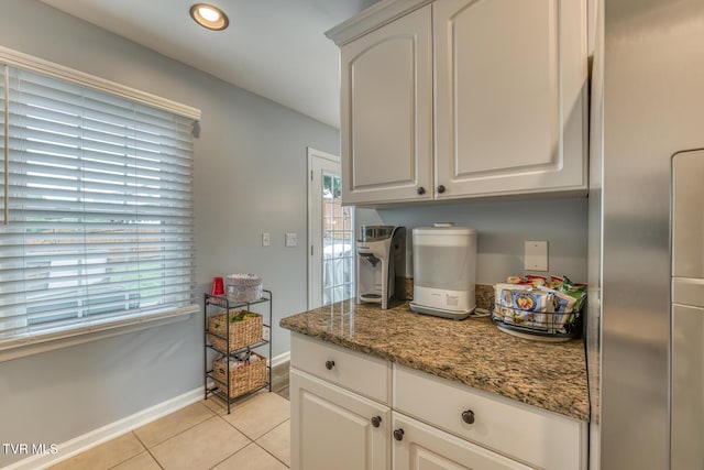 103 Daniels Way, Johnson City, TN 37615 - kitchen featuring light tile patterned flooring, stone countertops, white cabinets, stainless steel fridge, and recessed lighting