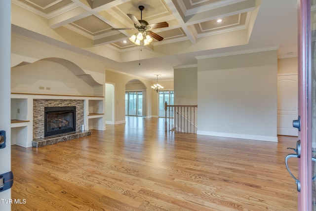 397 Ridgecrest Rd, Jonesborough, TN 37659 - unfurnished living room with ceiling fan, crown molding, coffered ceiling, a fireplace, and a chandelier
