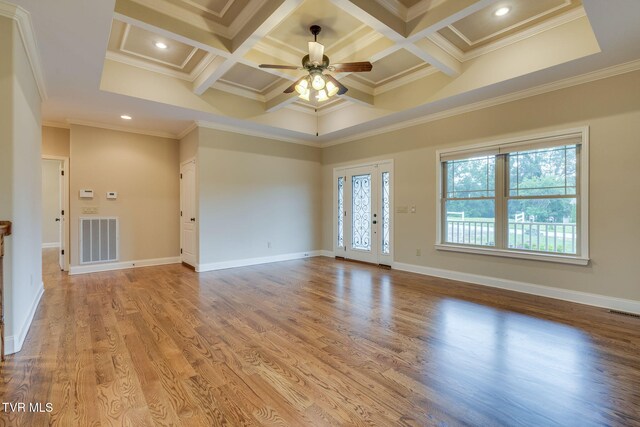397 Ridgecrest Rd, Jonesborough, TN 37659 - spare room featuring a ceiling fan, coffered ceiling, crown molding, beam ceiling, and light wood-style flooring