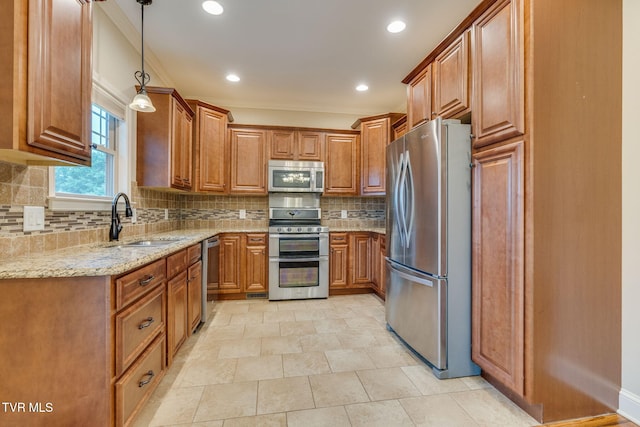 397 Ridgecrest Rd, Jonesborough, TN 37659 - kitchen featuring appliances with stainless steel finishes, brown cabinets, light stone countertops, backsplash, and recessed lighting
