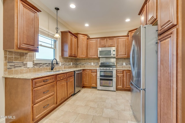 397 Ridgecrest Rd, Jonesborough, TN 37659 - kitchen with stainless steel appliances, light stone counters, brown cabinetry, crown molding, and decorative backsplash