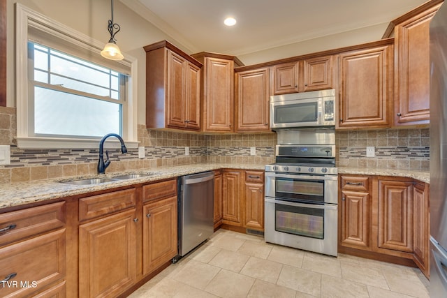 397 Ridgecrest Rd, Jonesborough, TN 37659 - kitchen featuring stainless steel appliances, light stone countertops, tasteful backsplash, ornamental molding, and brown cabinetry