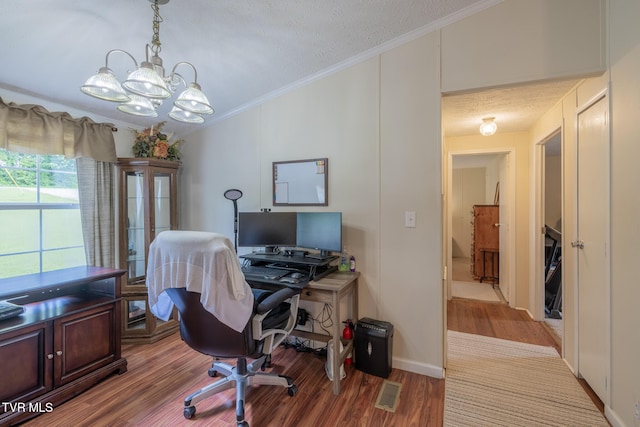 1070 Bill Martin Rd, Afton, TN 37616 - office with a chandelier, wood finished floors, crown molding, and a textured ceiling