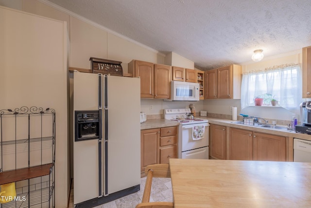 1070 Bill Martin Rd, Afton, TN 37616 - kitchen featuring white appliances, vaulted ceiling, crown molding, light countertops, and a textured ceiling