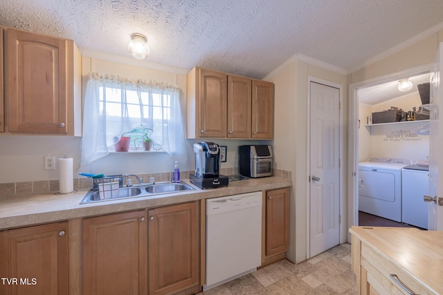 1070 Bill Martin Rd, Afton, TN 37616 - kitchen featuring dishwasher, separate washer and dryer, light countertops, ornamental molding, and a textured ceiling