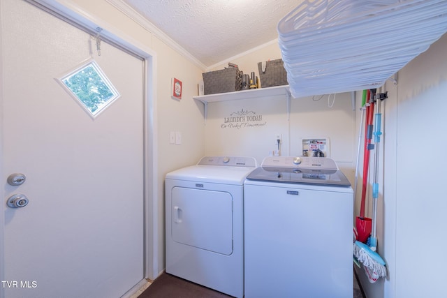 1070 Bill Martin Rd, Afton, TN 37616 - laundry area featuring ornamental molding, washer and dryer, and a textured ceiling
