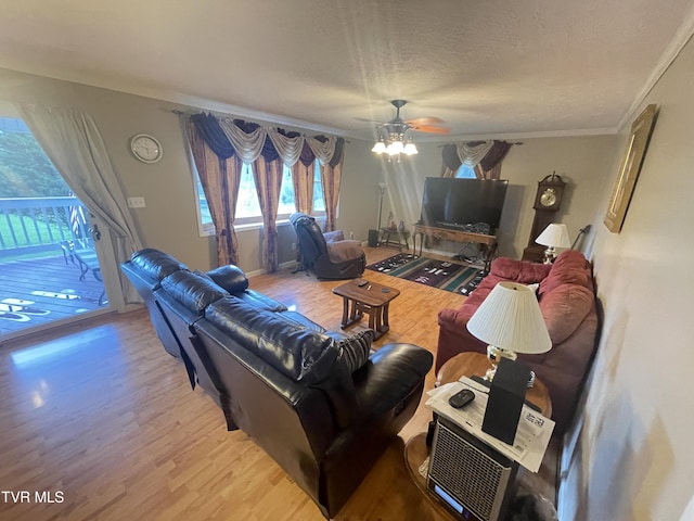134 Carver Crabtree Rd, Hampton, TN 37658 - living area with wood finished floors, ceiling fan, crown molding, and a textured ceiling