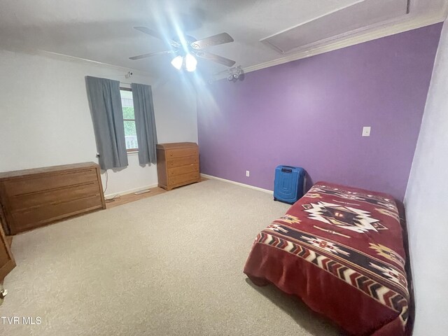 134 Carver Crabtree Rd, Hampton, TN 37658 - carpeted bedroom with ceiling fan, ornamental molding, and attic access