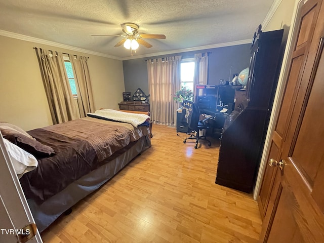 134 Carver Crabtree Rd, Hampton, TN 37658 - bedroom featuring light wood-type flooring, an office area, crown molding, a textured ceiling, and ceiling fan