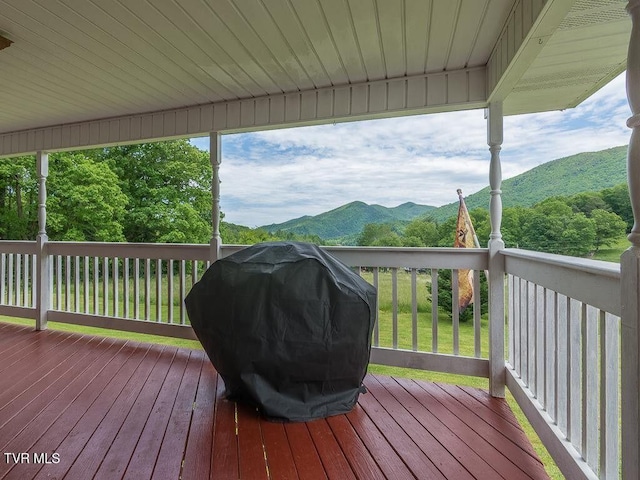 134 Carver Crabtree Rd, Hampton, TN 37658 - wooden terrace featuring a mountain view and a grill