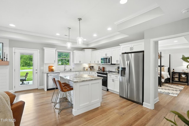 107 Ervin Loop, Erwin, TN 37650 - kitchen featuring stainless steel appliances, a tray ceiling, a kitchen island, decorative backsplash, and light wood finished floors