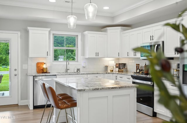107 Ervin Loop, Erwin, TN 37650 - kitchen featuring stainless steel appliances, ornamental molding, light wood-style flooring, a center island, and white cabinetry