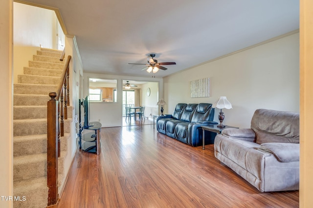 151 Woodcrest Ln Unit 0, Bristol, VA 24201 - living area with ceiling fan, stairs, wood finished floors, and ornamental molding