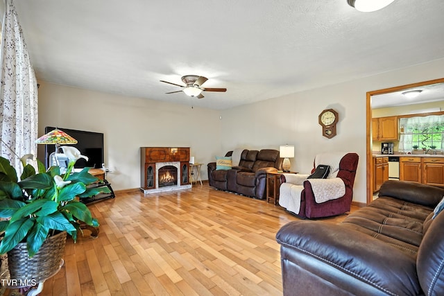 1037 Swift Hollow Rd, Mountain City, TN 37683 - living area with ceiling fan, light wood-style flooring, and a lit fireplace