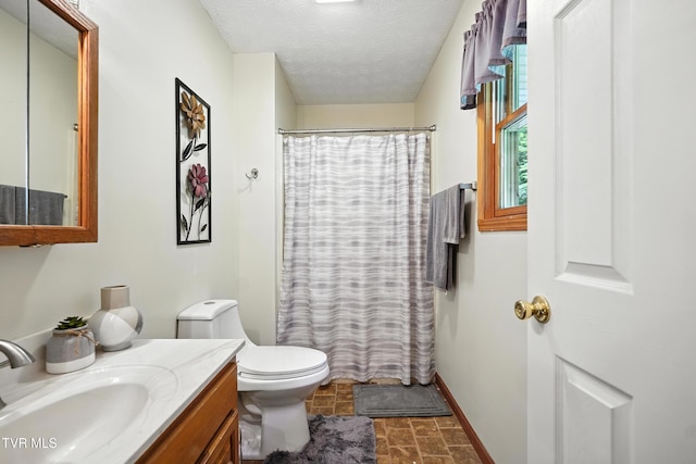 1037 Swift Hollow Rd, Mountain City, TN 37683 - full bathroom featuring stone finish floors, vanity, a textured ceiling, and curtained shower