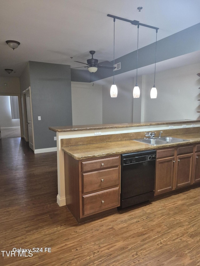 116 Tipton St Unit 209, Johnson City, TN 37604 - kitchen with black dishwasher, wood finished floors, ceiling fan, and pendant lighting