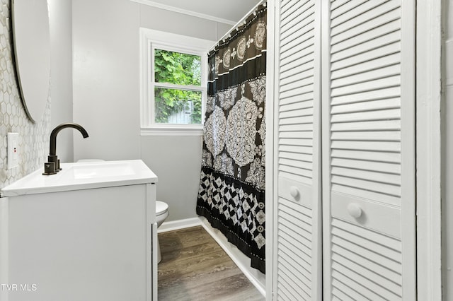 3974 Memorial Blvd, Kingsport, TN 37664 - bathroom featuring a closet, vanity, wood finished floors, crown molding, and curtained shower