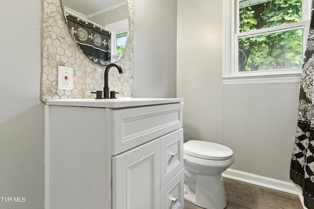 3974 Memorial Blvd, Kingsport, TN 37664 - bathroom with vanity, wood finished floors, backsplash, and crown molding