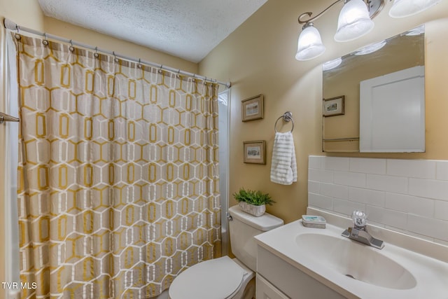 2344 Anderson St, Bristol, TN 37620 - bathroom with decorative backsplash, vanity, a textured ceiling, and a shower with curtain