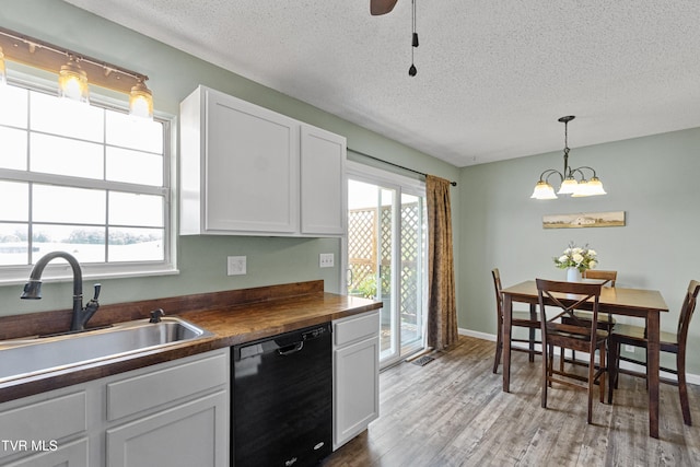 3500 Old Stage Rd, Chuckey, TN 37641 - kitchen featuring black dishwasher, a textured ceiling, plenty of natural light, light wood-type flooring, and white cabinets