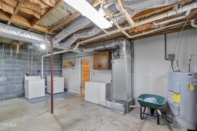 3500 Old Stage Rd, Chuckey, TN 37641 - unfinished below grade area featuring water heater, separate washer and dryer, refrigerator, concrete block wall, and heating unit