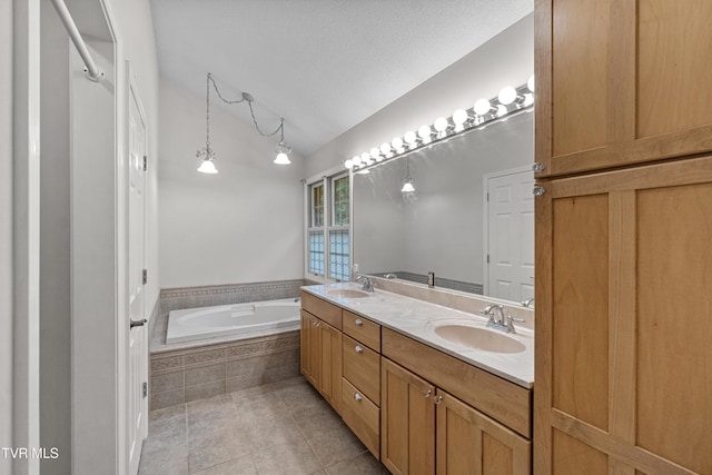 945 Dashaway Rd, Chuckey, TN 37641 - full bathroom featuring a garden tub, lofted ceiling, double vanity, and tile patterned floors