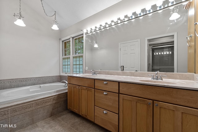 945 Dashaway Rd, Chuckey, TN 37641 - full bath with double vanity, a garden tub, tile patterned floors, and lofted ceiling