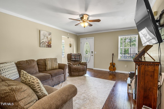 208 Hallock Pl, Abingdon, VA 24210 - living room featuring dark wood-style floors, a ceiling fan, and ornamental molding