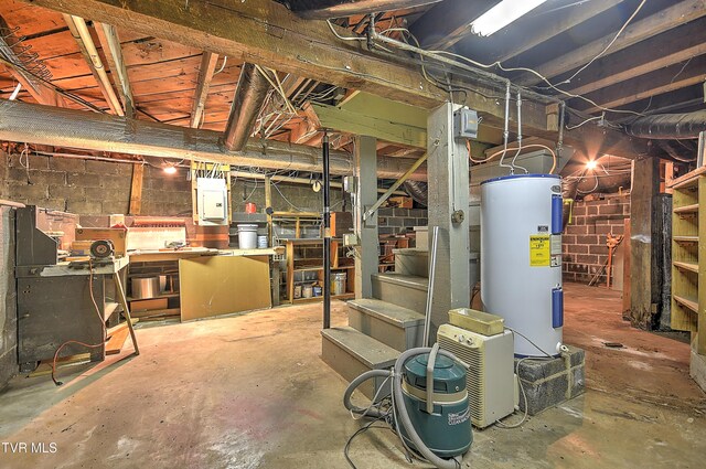 1149 Moorland Ave, Bristol, VA 24201 - unfinished basement with electric water heater, stairs, electric panel, and concrete block wall