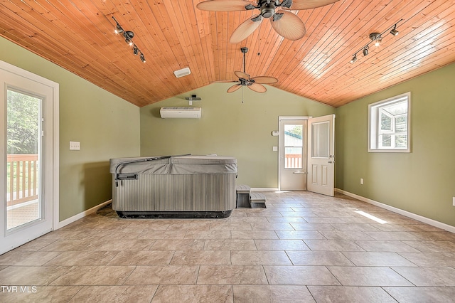 307 Tween Hills Rd, Bristol, TN 37620 - kitchen featuring rail lighting, ceiling fan, vaulted ceiling, wood ceiling, and a wall mounted AC