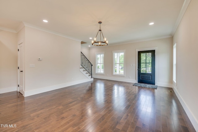 2009 Idle Hour Rd, Kingsport, TN 37660 - entryway featuring a chandelier, stairs, ornamental molding, dark wood-style flooring, and recessed lighting