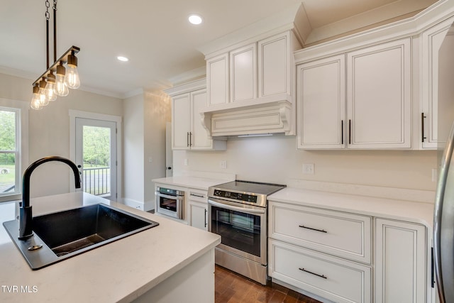 2009 Idle Hour Rd, Kingsport, TN 37660 - kitchen featuring appliances with stainless steel finishes, ornamental molding, custom exhaust hood, dark wood-style floors, and white cabinets