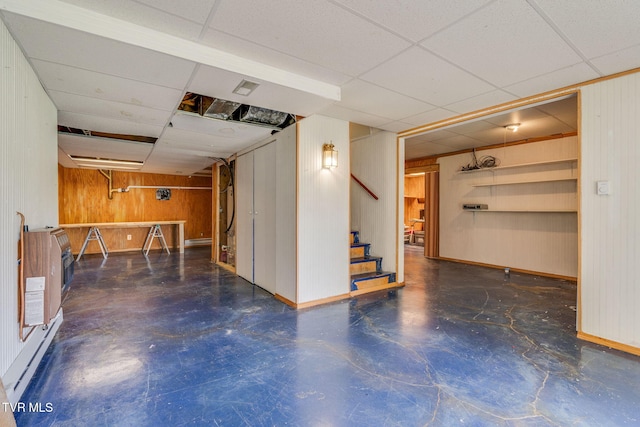256 S Creek Ct, Kingsport, TN 37663 - basement featuring a drop ceiling, stairs, wood walls, and heating unit