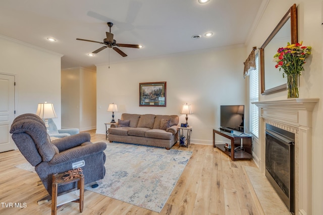 1645 Old Stagecoach Rd, Jonesborough, TN 37659 - living room featuring ceiling fan, light wood-type flooring, a fireplace with flush hearth, recessed lighting, and ornamental molding
