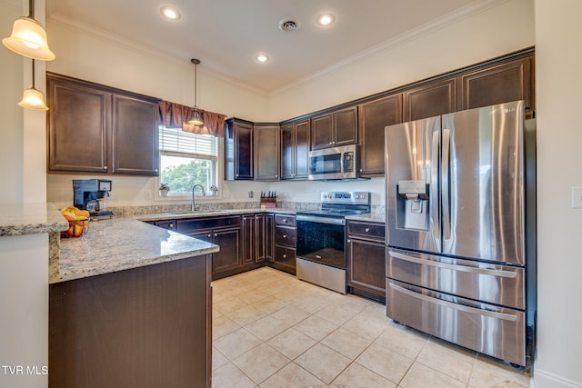 1645 Old Stagecoach Rd, Jonesborough, TN 37659 - kitchen featuring appliances with stainless steel finishes, dark brown cabinets, light tile patterned floors, light stone counters, and decorative light fixtures