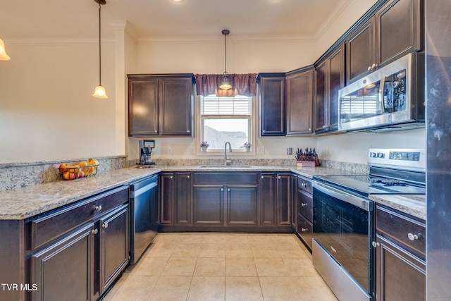 1645 Old Stagecoach Rd, Jonesborough, TN 37659 - kitchen with stainless steel appliances, dark brown cabinetry, a peninsula, light stone counters, and ornamental molding