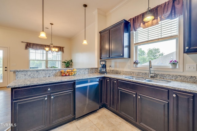 1645 Old Stagecoach Rd, Jonesborough, TN 37659 - kitchen with dishwasher, a peninsula, healthy amount of natural light, crown molding, and hanging light fixtures