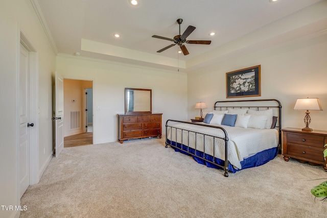 1645 Old Stagecoach Rd, Jonesborough, TN 37659 - carpeted bedroom featuring crown molding, a tray ceiling, recessed lighting, and a ceiling fan
