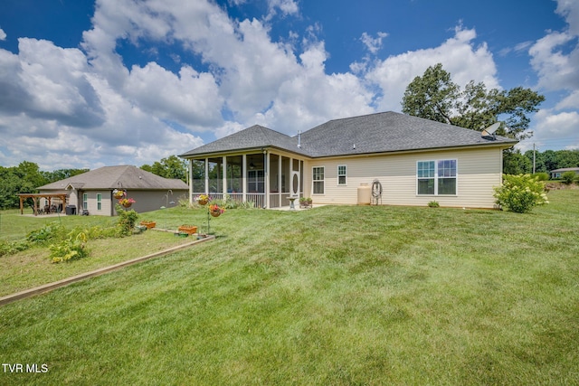 1645 Old Stagecoach Rd, Jonesborough, TN 37659 - back of property featuring a sunroom, a yard, and a shingled roof