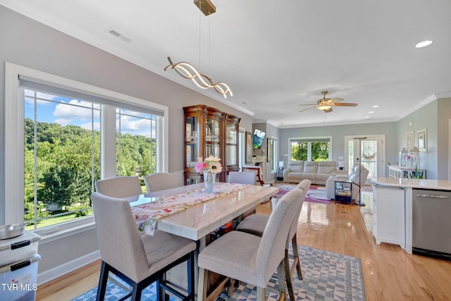 788 Watauga Rd, Watauga, TN 37694 - dining space featuring ornamental molding, light wood finished floors, ceiling fan, and recessed lighting