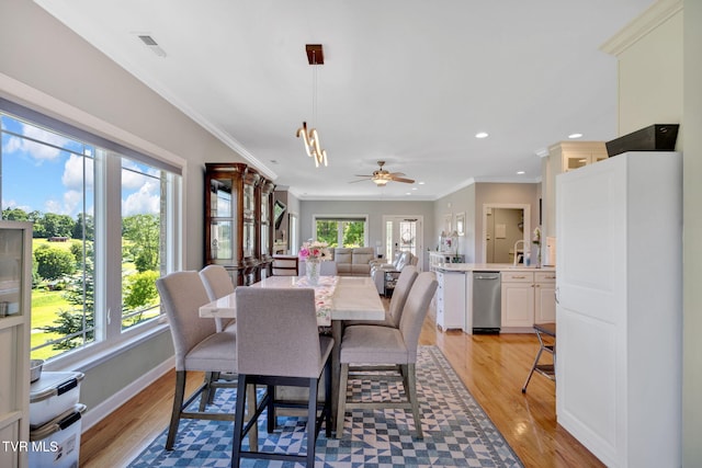 788 Watauga Rd, Watauga, TN 37694 - dining area featuring light wood finished floors, recessed lighting, ornamental molding, and a ceiling fan