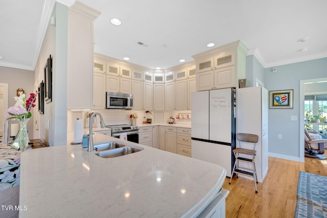 788 Watauga Rd, Watauga, TN 37694 - kitchen featuring stainless steel appliances, light wood-type flooring, light stone counters, tasteful backsplash, and crown molding