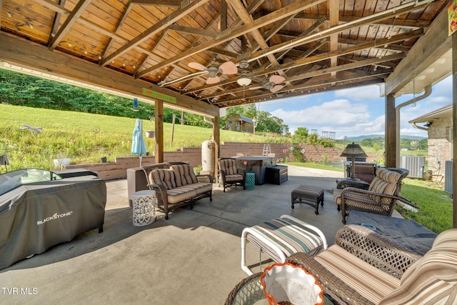 788 Watauga Rd, Watauga, TN 37694 - fenced backyard with outdoor lounge area, a patio area, and a ceiling fan