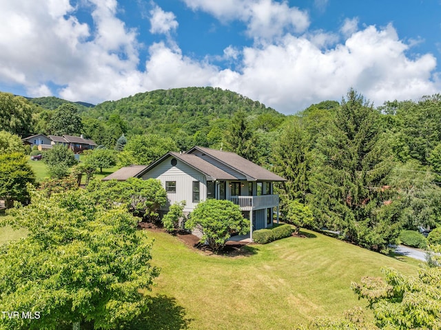 119 Orchard Meadows Ln, Roan Mountain, TN 37687 - view of front facade with a front yard, a forest view, and a mountain view