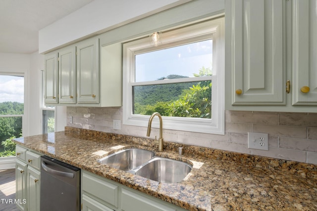 119 Orchard Meadows Ln, Roan Mountain, TN 37687 - kitchen featuring dishwasher, decorative backsplash, and dark stone countertops