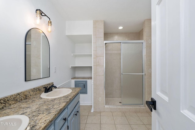 119 Orchard Meadows Ln, Roan Mountain, TN 37687 - bathroom featuring tile patterned floors, double vanity, and a stall shower