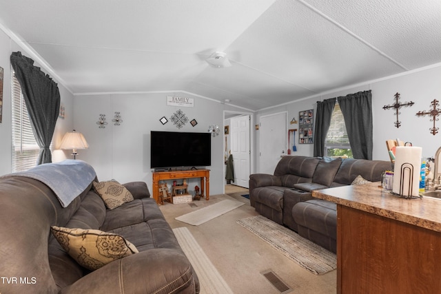 904 Briar Fork Rd, Bean Station, TN 37708 - living room featuring light colored carpet, vaulted ceiling, and a ceiling fan
